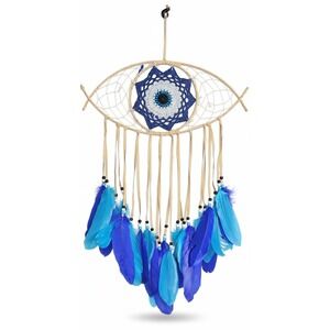 Evil Eye Dream Catcher Boho Wall Hanging Feather Blue White Decor